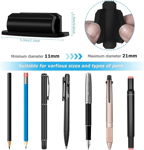 Vista 2 de Paquete de 10 soportes adhesivos para bolígrafos para escritorio, soporte de silicona para aula, accesorios para profesores y estudiantes, Negro