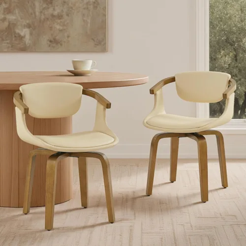 Vista 13 de Zouron Silla de escritorio giratoria sin ruedas, silla de oficina moderna de mediados de siglo, silla de comedor Boucle con patas de madera, silla