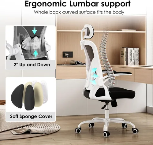 Vista 3 de Silla de oficina ergonómica con reposacabezas ajustable y soporte lumbar, silla de escritorio de malla de respaldo alto con reposabrazos abatibles