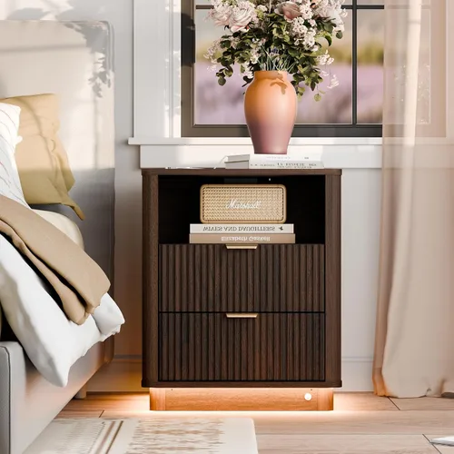 Vista 18 de Mesita de noche LED acanalada, mesita de noche curvada inteligente con iluminación de estación de carga, mesa auxiliar de madera con 2 cajones
