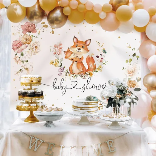 Vista 3 de Telón de fondo para baby shower de zorro para niñas, flores de fotografía con texto en inglés "It's a Girl", fondos de fotografía de animales