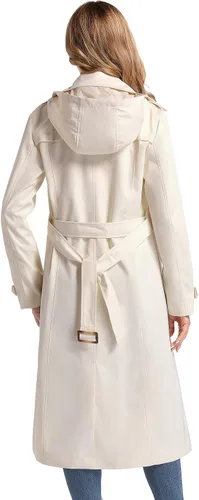 Vista 3 de poonyfesh Gabardina larga impermeable resistente al viento para mujer clásica con solapa de doble botonadura con capucha extraíble