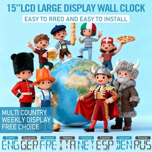 Vista 9 de Reloj de pared digital grande de 15 pulgadas con temporizador, pantalla de 8 idiomas para días de semana, temperatura y fecha, 3 alarmas