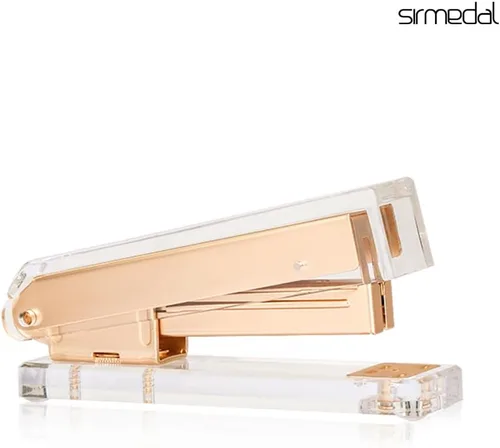 Vista 2 de Elegante grapadora de acrílico ultra transparente para suministros de oficina, grapadora de escritorio dorada mate con 1000 grapas para accesorios