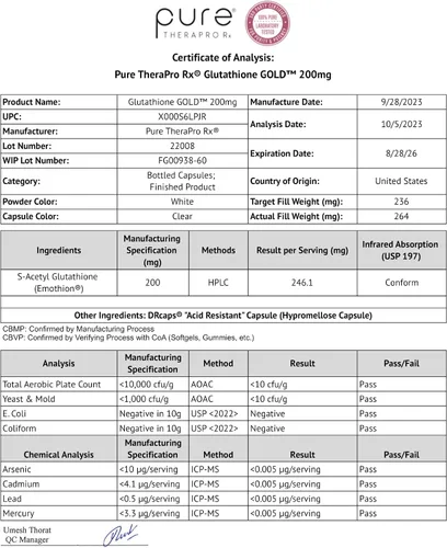 Vista 9 de Pure Therapro Rx S-acetil glutatión oro 200 mg 2 meses de suministro de cápsula resistente a los ácidos Forma acetilada patentada de glutatión