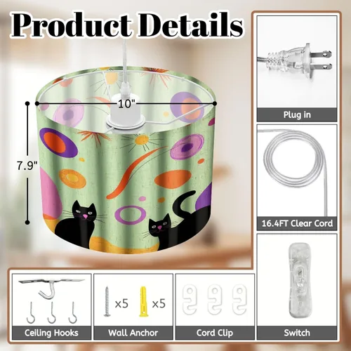 Vista 4 de Boho Plug in Pendant Light Sleek Black Cats Vibrant Atomic Patterns 1960s Design 16.4ft Plug in Cord Dimmable Hanging Lamp Fabric Lamp Shade Pendant