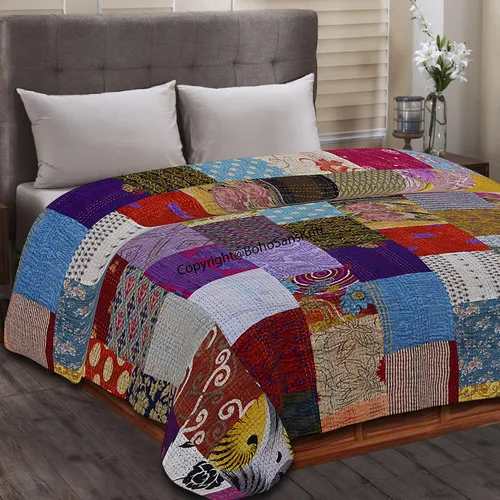 Vista 10 de Boho Sanskriti Colcha de seda india Kantha de retazos de seda tamaño Queen Twin Patola Colcha Negro