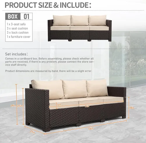 Vista 2 de Rattan Star Muebles de exterior, sofá de 3 plazas, sofá de mimbre marrón para exteriores, asiento profundo, respaldo alto, sofá de patio con cojines