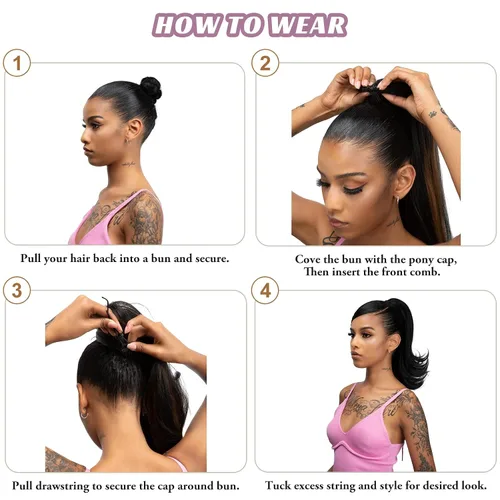 Vista 6 de Extensión de cabello corto negro con cordón para mujeres negras, cola de caballo recta de 14 pulgadas con rizos finales, postizos sintéticos