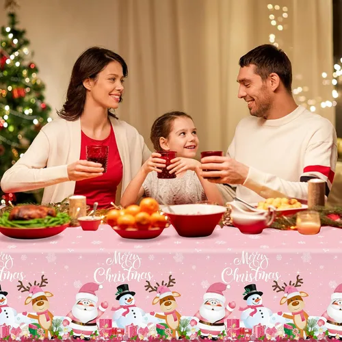 Vista 7 de Tiamon Mantel de Navidad rosa de 60 x 84 pulgadas para mesa rectangular, tela lavable a prueba de agua, cubierta de muñeco de nieve y Papá Noel