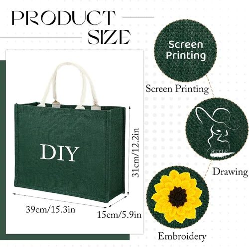 Vista 4 de Shappy Paquete de 10 bolsas de arpillera reutilizables en blanco, Verde Jute Tote, Grocery Bag, Bridesmaid Gifts, Bachelorette Party, Beach Trips