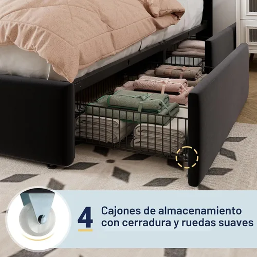 Vista 5 de Allewie Base de cama de almacenamiento de tamaño matrimonial, cabecera ajustable capitoné de canal vertical, plataforma tapizada de terciopelo con 4