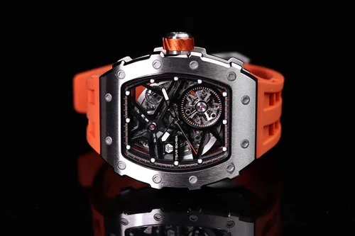 Vista 8 de TSAR BOMBA Reloj automático de lujo para hombre, forma tonneau, esqueleto, mecánico, 50 m, impermeable, analógico, relojes únicos, plateados