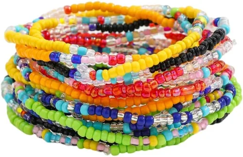 Vista 8 de Caiyao 12 pulseras apilables con cuentas de resina multicapa bohemia, pulseras elásticas de cuentas de cristal de colores, pulseras elásticas