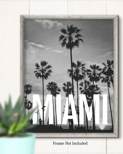 Vista 2 de Arte de pared en blanco y negro de Miami - Decoración de habitación FloridaRoom - Destino de viaje Decoración del hogar - Gran recuerdo