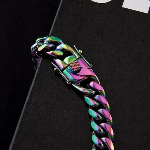 Vista 7 de Rowin&Co Mens Chunky Miami Cuban Link Chain - Rainbow Multicolor Stainless Steel Curb Necklace, Nickel-free, Colorful Chains, Hip Hop Jewelry Choker