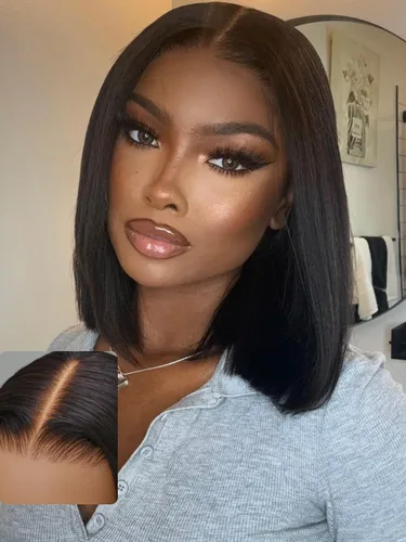 Vista 18 de UNICE Yaki Peluca Bob Recta de Cabello Humano con Cordón Adiós Nudos Sin Pegamento 7x5 Pelucas Frontales de Encaje de Cabello Humano Pre Desplumadas