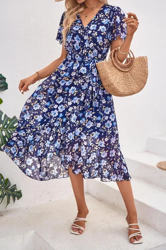 Vista 7 de PRETTYGARDEN - Vestido floral para mujer estilo bohemio, cruzado, con cuello en V, manga corta, con cinturón, dobladillo con volantes, acampanado