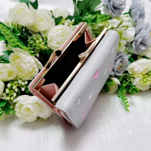 Vista 4 de Cartera de impresión corta de dibujos animados bordada de corazón para mujer, multitarjeta, monedero triple, Gris, Casual