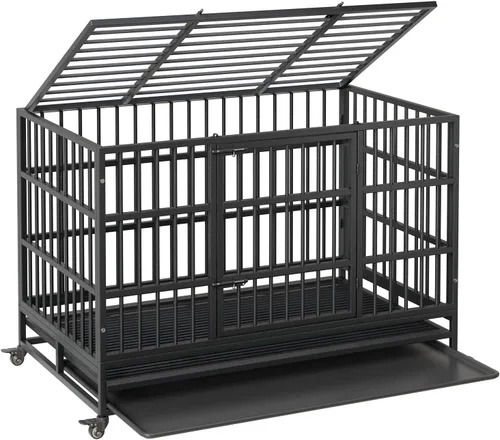 Vista 11 de Jaula para perros resistente, jaula para perros de interior de 37 pulgadas con doble puerta, ruedas con bloqueo de 360° y bandeja extraíble, fácil