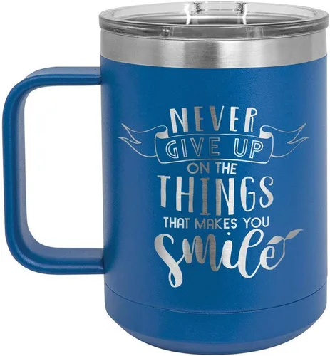 Vista 14 de Nunca renuncies a las cosas que hacen sonreír, taza de café negra de 15 oz con tapa superior deslizante, taza de café de viaje aislada, regalo