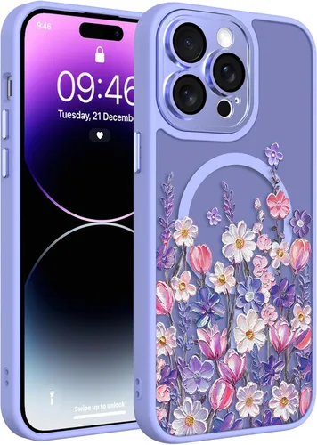 Vista 102 de Magnético para iPhone 13 con protector de pantalla [Compatible con MagSafe] Diseño de patrón floral de flores bonitas, funda delgada a prueba