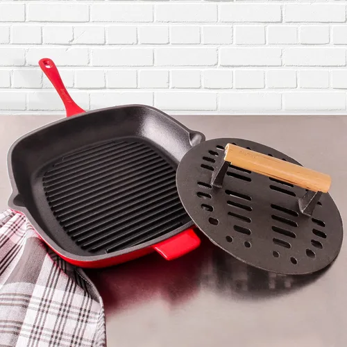 Vista 2 de BergHOFF Cast Iron2Piece Grill Set - Prensa para parrilla y prensa para carne, rojo