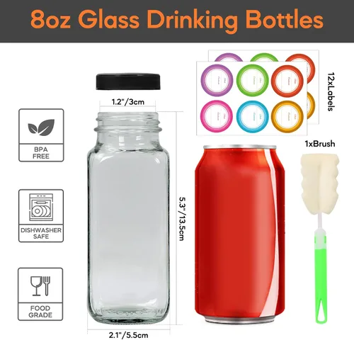 Vista 2 de STARSIDE - Botellas de vidrio para jugo de 8 onzas con tapas, paquete de 12 - Frascos reutilizables cuadrados para exprimir, leche, kombucha