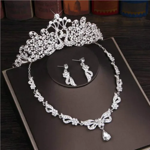 Vista 2 de Juego de collar de tiara con diamantes de imitación de cristal artificial para novia, diadema brillante, accesorios para el cabello, para bodas