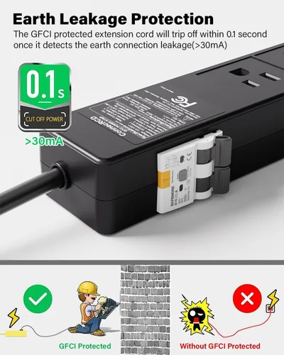 Vista 3 de GFCI - Regleta de alimentación con 4 salidas y 4 puertos USB (2 USB-C), cable de extensión resistente protegido contra sobretensiones de 6 pies Negro