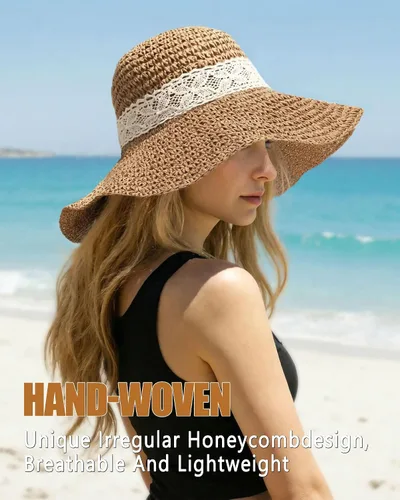 Vista 2 de Sombreros de sol para mujer, sombrero de pescador de paja de ala ancha de Caqui claro