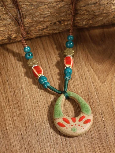 Vista 2 de MINACHI Collar con colgante floral de cerámica con cuentas de cerámica bohemia, regalo de joyería bohemia vintage para mujer