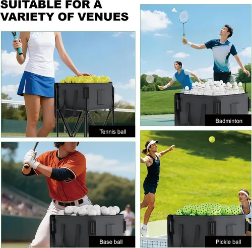 Vista 8 de Tolva de pelota de tenis para 120 pelotas, cesta de pelota de tenis con bolsa de almacenamiento extraíble, carrito de pelota de tenis con ruedas