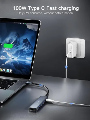 Vista 4 de Hub USB C, adaptador multipuerto USB-C DockteckExpand 5 en 1 con HDMI 4K, entrega de energía de 100 W, 3 puertos de datos USB 3.0 para MacBook