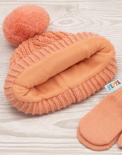 Vista 5 de Peppa Pig Hat And Mittens Kids Peach Knit Winter Beanie Gloves, Rosado