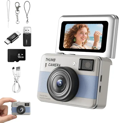 Vista 10 de Mini cámara con llavero – Cámara de pulgar HD, pantalla abatible de 1.47 pulgadas Múltiples modos de disparo y grabación Cámara digital portátil
