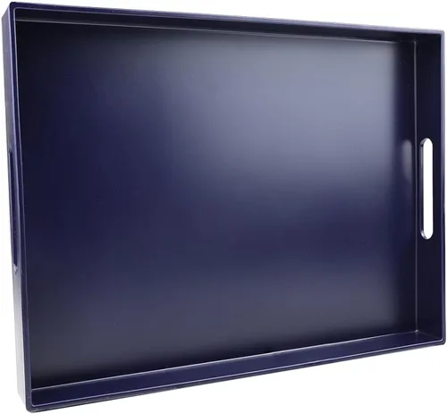 Vista 24 de Bandeja azul para mesa de café, bandeja decorativa rectangular de plástico con asas para entretenimiento, patio al aire libre, sala de estar