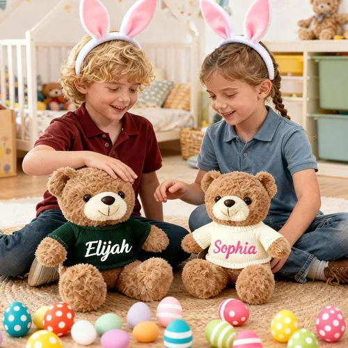 Vista 2 de OELTTG Oso de peluche personalizado con nombre, animal de peluche con nombre personalizado, relleno de cesta de Pascua para bebé, regalos