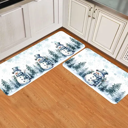 Vista 8 de Juego de 2 tapetes de cocina de Navidad con diseño de muñeco de nieve azul, antideslizantes, para entrada, árbol de Navidad, copos de nieve, tapete