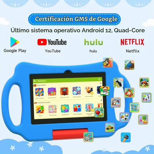 Vista 3 de Tableta para niños de 7 pulgadas Android 12.0 para niños pequeños, 4 GB de RAM 32 GB ROM Bluetooth IPS Pantalla Control Parental Dual Cámara a Azul
