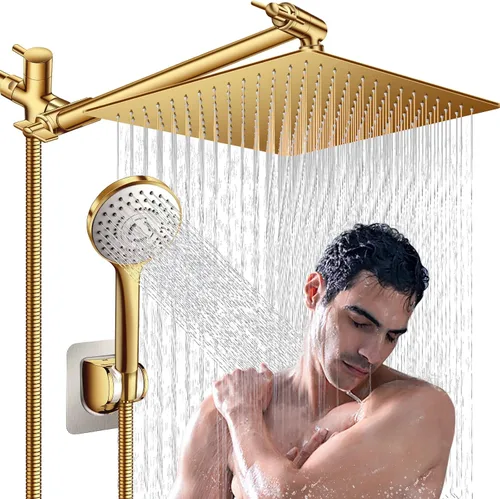 Vista 15 de Combo de cabezal de ducha (níquel cepillado), cabezal de ducha de lluvia de alta presión de 8 pulgadas con brazo de extensión ajustable de 11