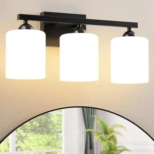 Vista 22 de Quntis Lámparas de baño de níquel cepillado con 5 modos de color, lámpara de tocador de baño moderna regulable de 3 luces sobre espejo, lámpara