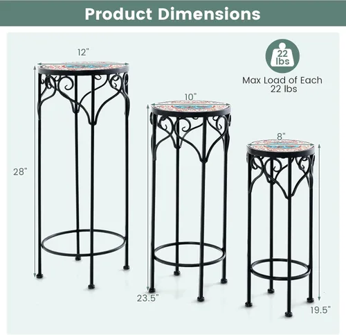 Vista 9 de Giantex Juego de 3 soportes de metal para plantas, de 28 pulgadas, soporte de flores alto de mosaico con parte superior de cerámica, mesa auxiliar