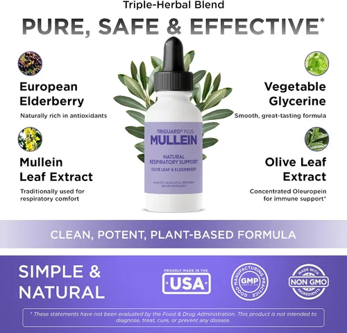 Vista 2 de TriGuard MULLEIN Plus - Extracto de hoja de gordolobo, extracto de saúco y extracto de hoja de olivo 2 onzas líquidas Apoya la función