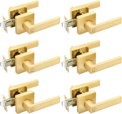 Vista 21 de EHOMEWARE - Juego de manijas de puerta delantera doble de latón, manija de puerta de latón cuadrado resistente en oro y cerradura de un solo