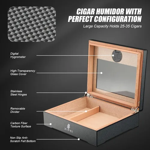 Vista 4 de XIFEI Humidor de puros, textura de fibra de carbono superior de vidrio con higrómetro digital, incluyendo humidificador de puros, divisor, caja