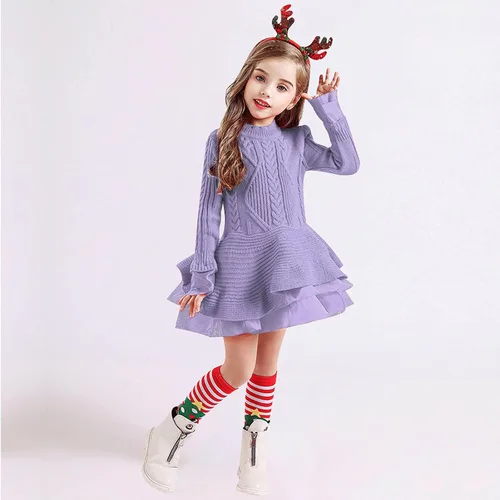 Vista 4 de Suéter de Navidad de ganchillo de invierno para niñas pequeñas, vestido de punto y banda para el cabello (morado, 2-3 años)
