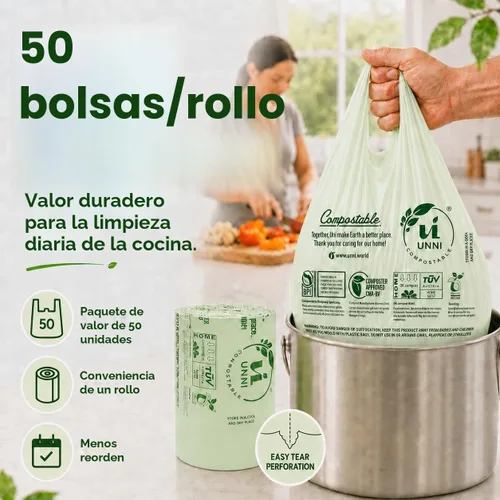 Vista 7 de Bolsas de camiseta compostables UNNI con asas de lazo, 1.6 galones / 6 litros, 50 unidades, forros de cajón de cocina pequeños de 0.64 mil