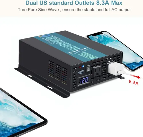 Vista 3 de WZRELB Inversor de corriente de onda sinusoidal pura de 1000W 48V 120V con 2 salidas de CA, inversor de coche