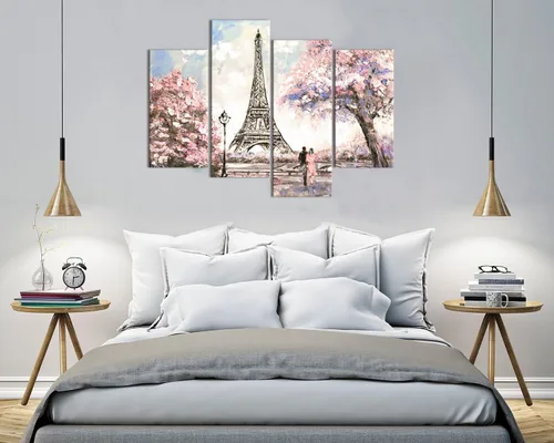 Vista 3 de Visual Art Decor Imágenes de París rosadas, decoración de pared, torre Eiffel, paisaje rosa, decoración de pared para sala de estar, decoración